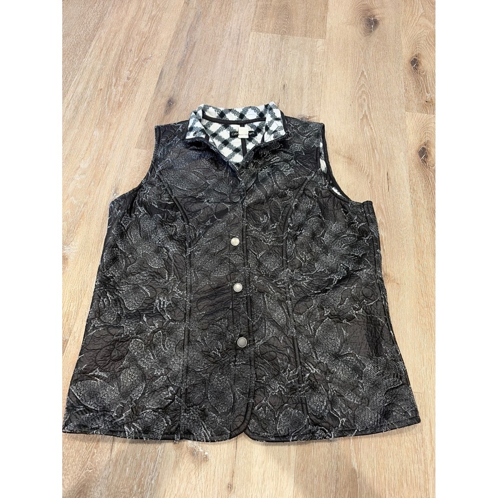 Coldwater Creek Women Grey Floral Quilted Vest Plaid Fleece Lined Small 6-8